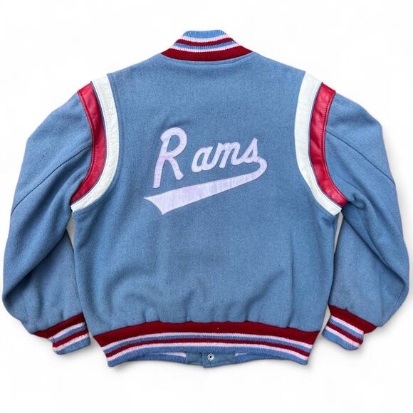 True Vintage Rams Brad Varsity Jacket School Letterman Blue Shoulder Stripe Wool - Picture 2 of 16